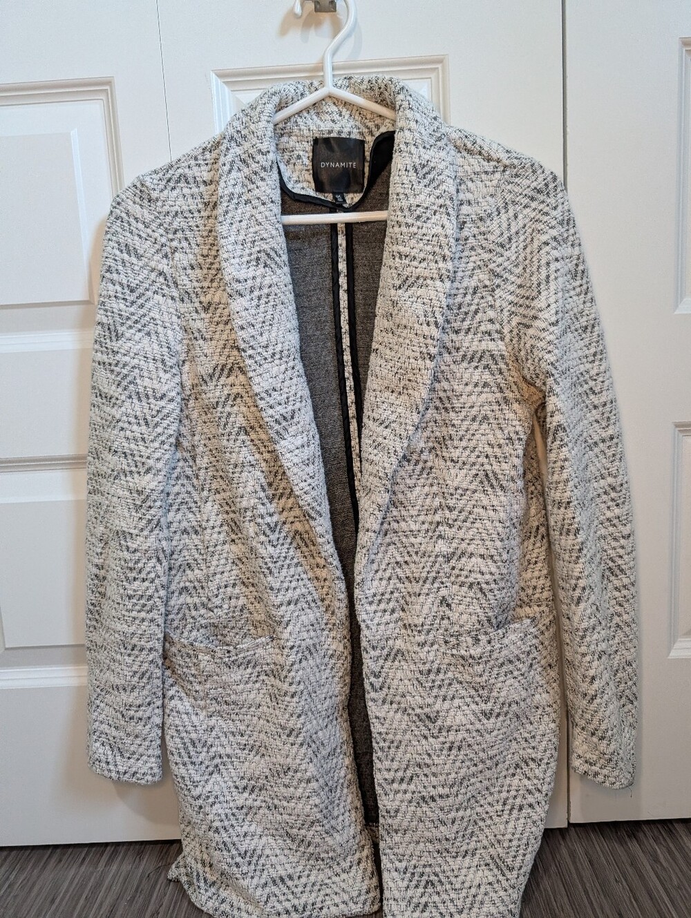 Dynamite Open-Front Shawl Collar Coatigan in Cream and Gray